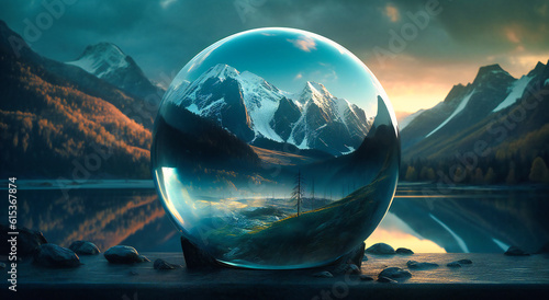 an interactive android hd wallpaper in a glass ball with a landscape