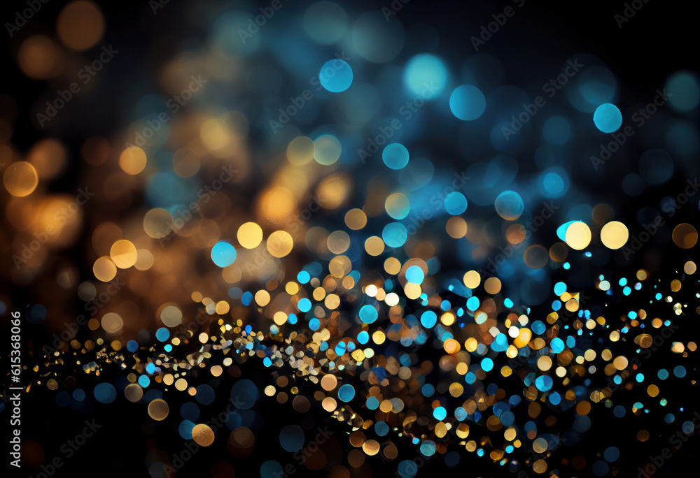 Golden bokeh lights and glittering stars on black grunge background. Abstract festive design for Christmas or holiday themes. AI Generative.