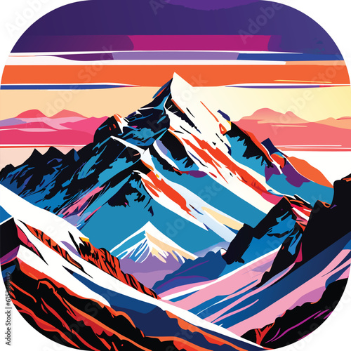 Vector wallpaper with a landscape, a mountain majestic mountain range with snow-capped peaks and sprawling glaciers, poster art , richly colored skies.