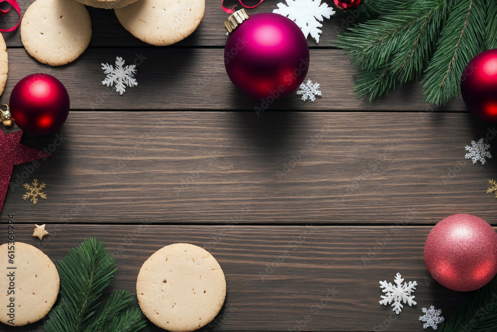 Merry Christmas. Christmas background, toys, cookies and Christmas tree branches lie on wooden boards. Generative AI Merry Christmas. Christmas background, toys, cookies and Christmas tree branches lie on wooden boards. Generative AI