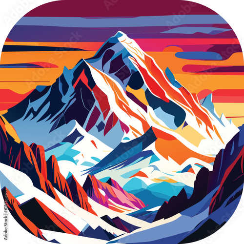 Vector wallpaper with a landscape, a mountain majestic mountain range with snow-capped peaks and sprawling glaciers, poster art , richly colored skies.
