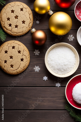 Merry Christmas. Christmas background, toys, cookies and Christmas tree branches lie on wooden boards. Generative AI