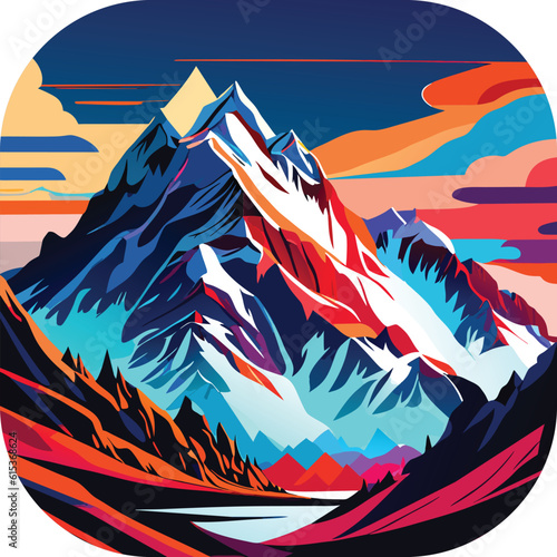 Vector wallpaper with a landscape, a mountain majestic mountain range with snow-capped peaks and sprawling glaciers, poster art , richly colored skies.