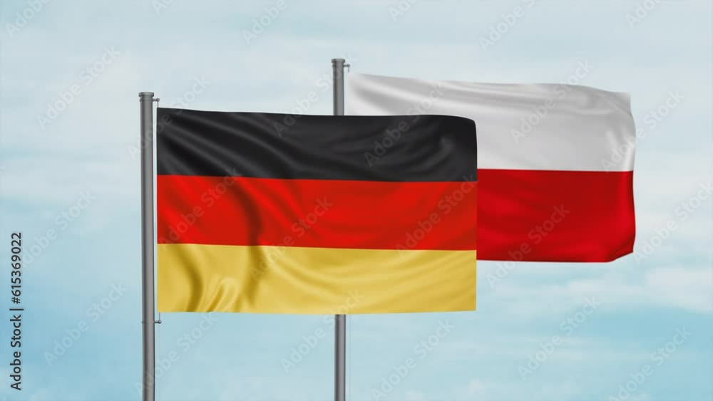 Poland and Germany flag waving together in the wind on blue sky, cycle looped video, two country cooperation concept Poland and Germany flag waving together in the wind on blue sky, cycle looped video, two country cooperation concept