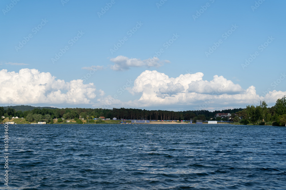 Kryspinów lake near Krakow, Poland. Zalew Kryspinów, lake at Piaski or Kryspinow lagoon man made water reservoir and artificial beach.