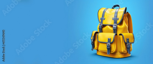 Yellow backpack on a blue background, copy space. Generative AI.