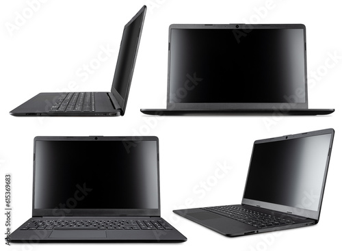 set collection of modern open black mobile laptop notebook computer with copy space and  blank screen in front side view isolated white background.  business technology concept photo