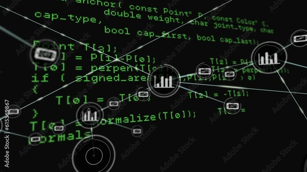 Animation of graph and cellphone connected icons over computer language against black background Animation of graph and cellphone connected icons over computer language against black background