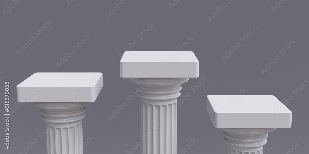 Three white winner podium on empty grey background. Upper part of Doric rhythm copy space. 3d render Three white winner podium on empty grey background. Upper part of Doric rhythm copy space. 3d render