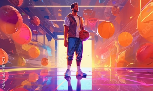 Professional Athlete Male Basketball Player, Sport Man Playing Basketball Colorful Background. Generative Ai