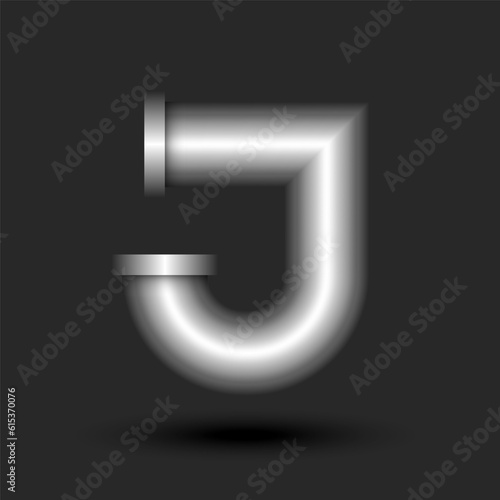 Letter J logo monogram 3d line pipe shape metal construction with flanges, silver colored creative typography identity, metallic logotype industrial style design.