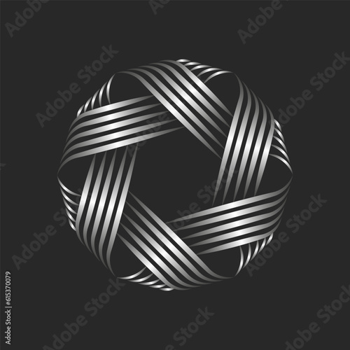 A ball of thread logo round shape metallic knot for the handmade sewing workshop, intersection thin silver parallel lines circular weaving pattern.
