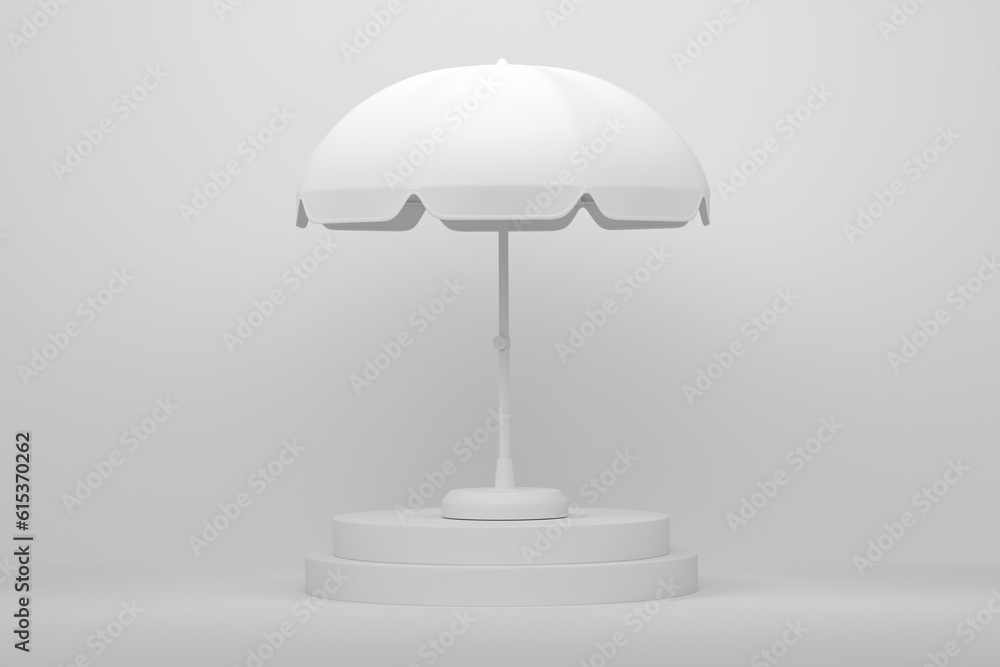 Beach umbrella for lounge zone on cylinder podium with step on monochrome Beach umbrella for lounge zone on cylinder podium with step on monochrome
