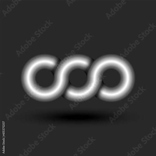 Circular infinity 3d logo metallic gradient, endless three circles geometric shape from overlapping chain loops infinite pattern.