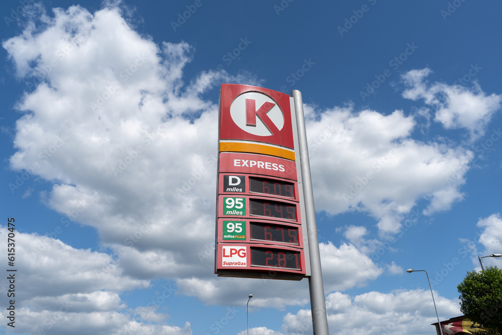 Circle K logo sign. International gas station and convenience store