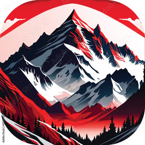 Vector wallpaper with a landscape, a mountain majestic mountain range with snow-capped peaks and sprawling glaciers, poster art , richly colored skies.