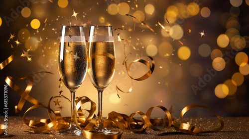 Two stemwares with a champagne on a festive golden background. AI generated