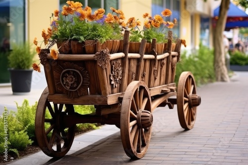 Carriage with wooden wheels as decoration for flowers. Generative AI