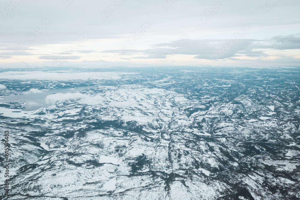 Aerial of landscape near Trondheim, Norway in winter
