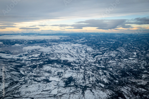 Aerial of landscape near Trondheim, Norway in winter