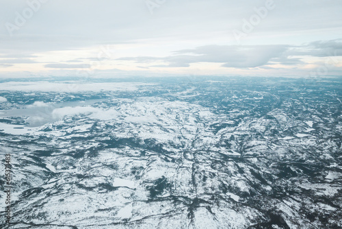 Aerial of landscape near Trondheim  Norway in winter