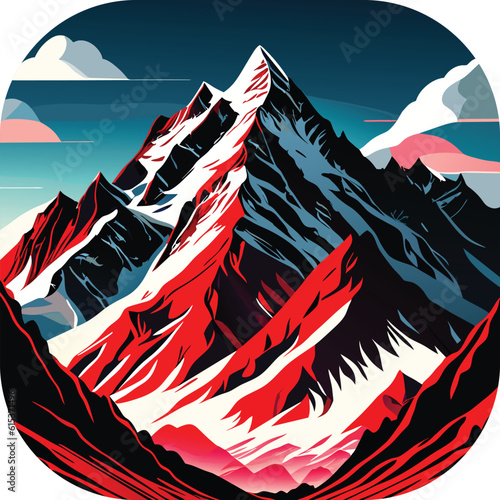 Vector wallpaper with a landscape, a mountain majestic mountain range with snow-capped peaks and sprawling glaciers, poster art , richly colored skies.
