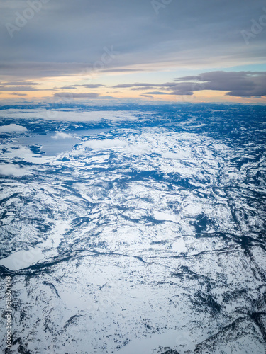 Aerial of landscape near Trondheim, Norway in winter