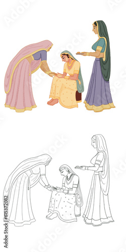Digital illustration of women participating in the Haldi ritual of most Hindu weddings. Women are applying haldi(turmeric paste) to the bride-to-be.