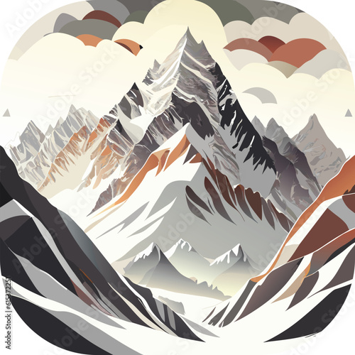 Vector wallpaper with a landscape, a mountain majestic mountain range with snow-capped peaks and sprawling glaciers, poster art , richly colored skies.