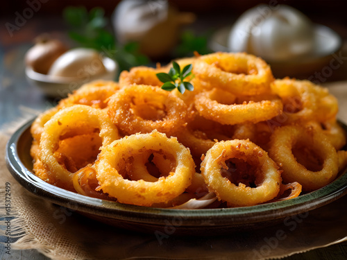Crispy Fried Onion Rings, American Fast Food, Crispy and Irresistible: Indulge in the Golden Goodness of Our Perfectly Fried Onion Rings | Generative AI