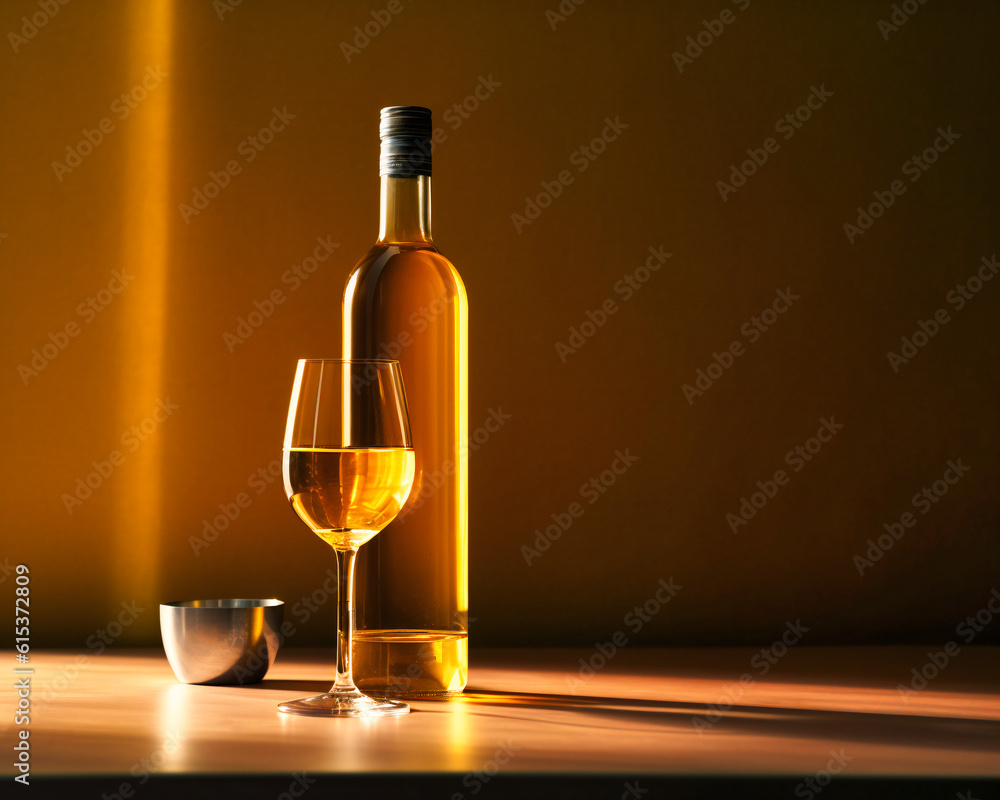 bottle of white wine with glass sits on table bottle of white wine with glass sits on table