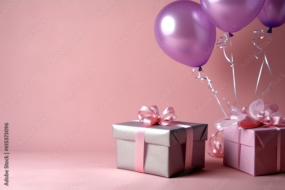 pink gift box with balloons, generative ai