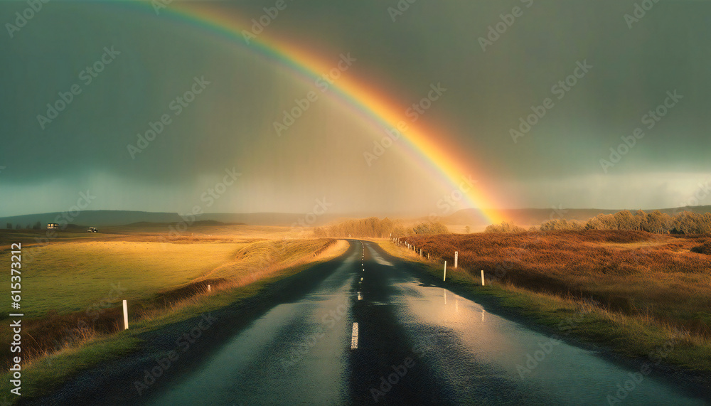 a rainbow spans across the road as it is raining