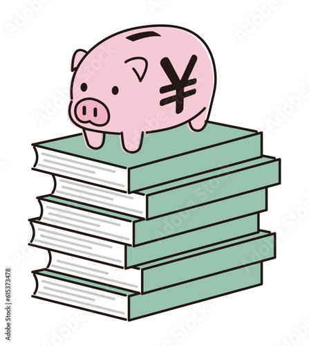 ぶたの貯金箱と積み重ねられた本　知は力なり