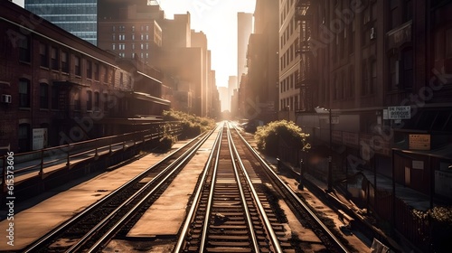 Steel rail road train track center perspective and city view with morning or evening sunset. Generative AI technology.