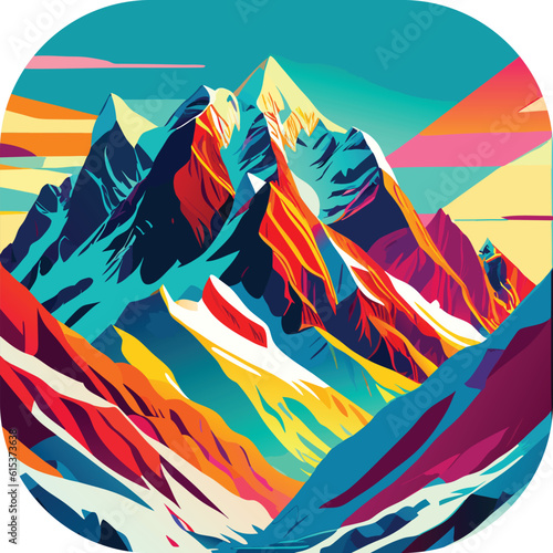 Vector wallpaper with a landscape, a mountain majestic mountain range with snow-capped peaks and sprawling glaciers, poster art , richly colored skies.
