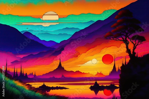 Vivid Landscape Background with Colorful Design © Postmodern Studio
