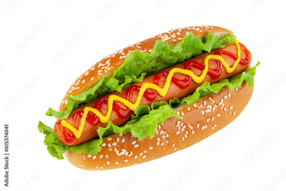 hotdog with grilled sausage and lettuce isolated on white background. hotdog with grilled sausage and lettuce isolated on white background.