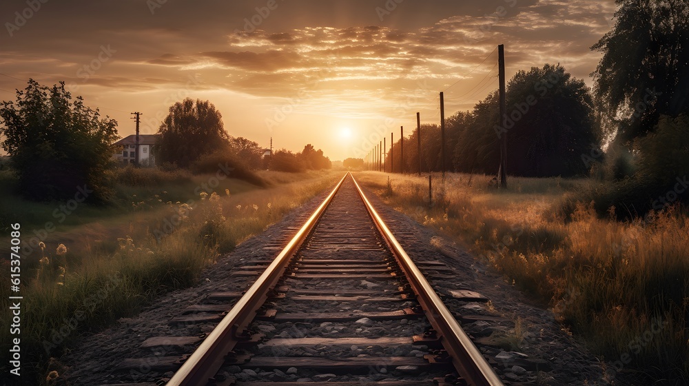 Steel rail road train track center perspective and country side nature view with cloudy sky evening golden hour sunset. Generative AI technology.