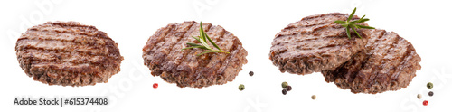 Beef cutlet grill with stripes with fresh rosemary branch isolated on transparent background png. grilled hamburger meat.