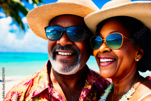 Digital portrait of a laughing senior african american couple at the tropical beach. Concept of active age. Generative AI
