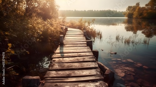A walk way wooden pier bridge in the side lake for crossing or fishing nature view in the evening. Generative AI technology.