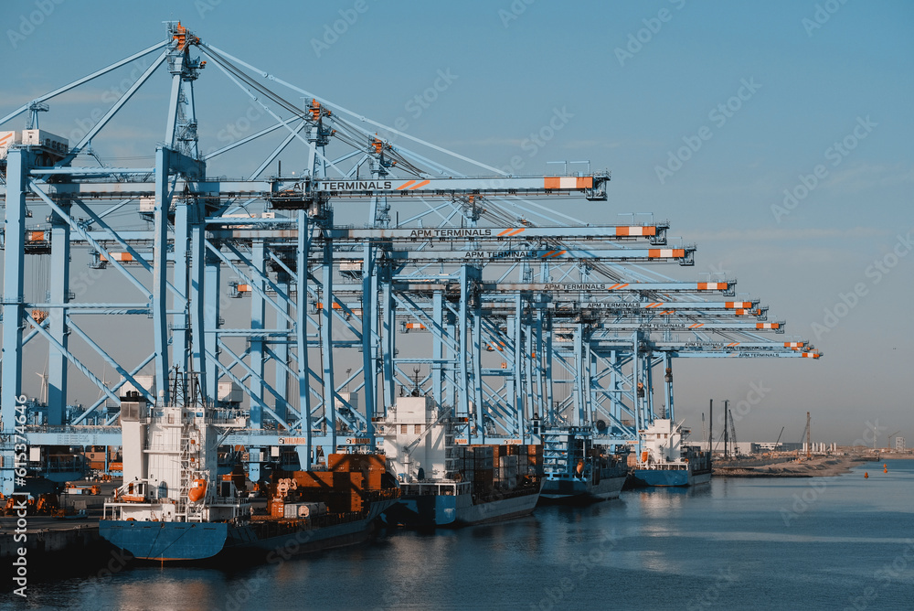 Rotterdam, the Netherlands - 06 18 2023: Several container vessels alongside the innovative and modern container terminal. Logistics in full scale. Supply chain within the world.