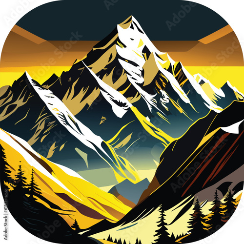 Vector wallpaper with a landscape, a mountain majestic mountain range with snow-capped peaks and sprawling glaciers, poster art , richly colored skies.