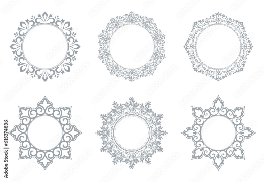 Set of decorative frames Elegant vector element for design in Eastern style, place for text. Floral gray and white borders. Lace illustration for invitations and greeting cards