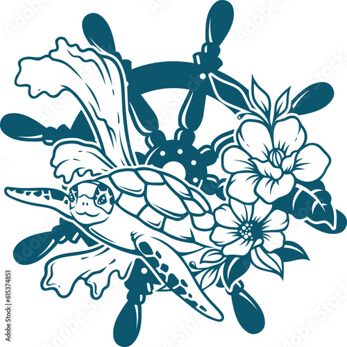 Abstract Sea Turtle Tattoo Silhouette with Floral Accent