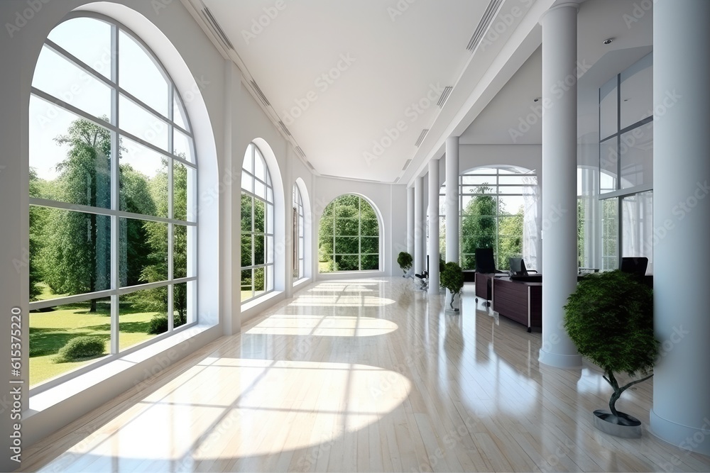 Beautiful modern spacious office hall with panoramic windows and pleasant natural. Beautiful modern spacious office hall with panoramic windows and pleasant natural.