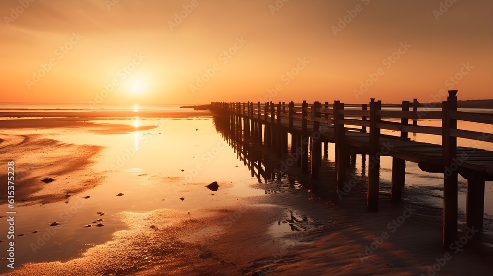 Wooden pier jetty bridge in the beach evening golden hour sunset nature view clear sky and reflection on the water. Generative AI technology. Wooden pier jetty bridge in the beach evening golden hour sunset nature view clear sky and reflection on the water. Generative AI technology.