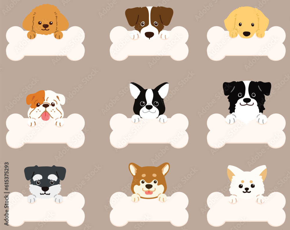 Set of flat colored dog face illustrations with paws holding a bone