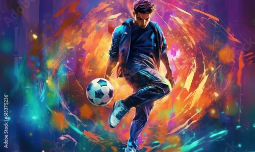 Athlete Male Soccer Player, Sport Man Playing Football Colorful Background. Generative Ai © CYBERUSS